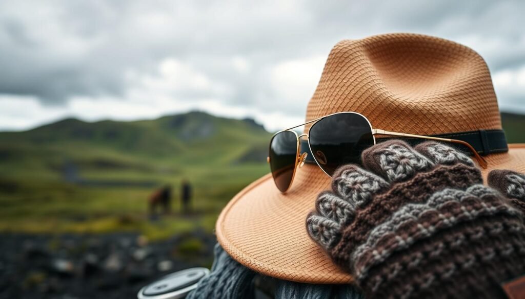 sunglasses, hat, gloves